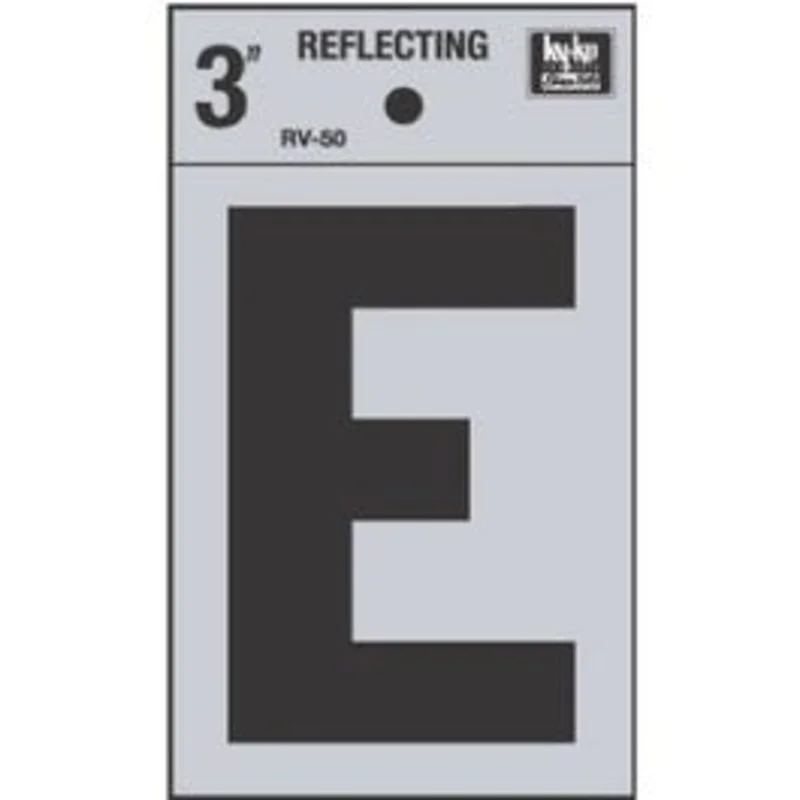 Address Letters, "E", Reflective Black/Silver Vinyl, Adhesive, 3-In.