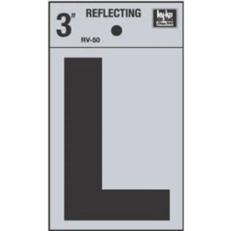 Address Letters, "L", Reflective Black/Silver Vinyl, Adhesive, 3-In.