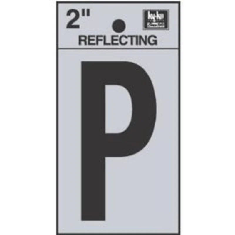 Address Letters, "P", Reflective Black/Silver Vinyl, Adhesive, 2-In.