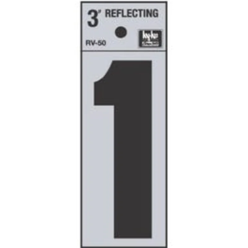 Address Number, "1", Reflective, Black Vinyl Adhesive, 3-In.