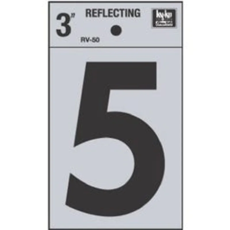 Address Number, "5", Reflective, Black Vinyl Adhesive, 3-In.
