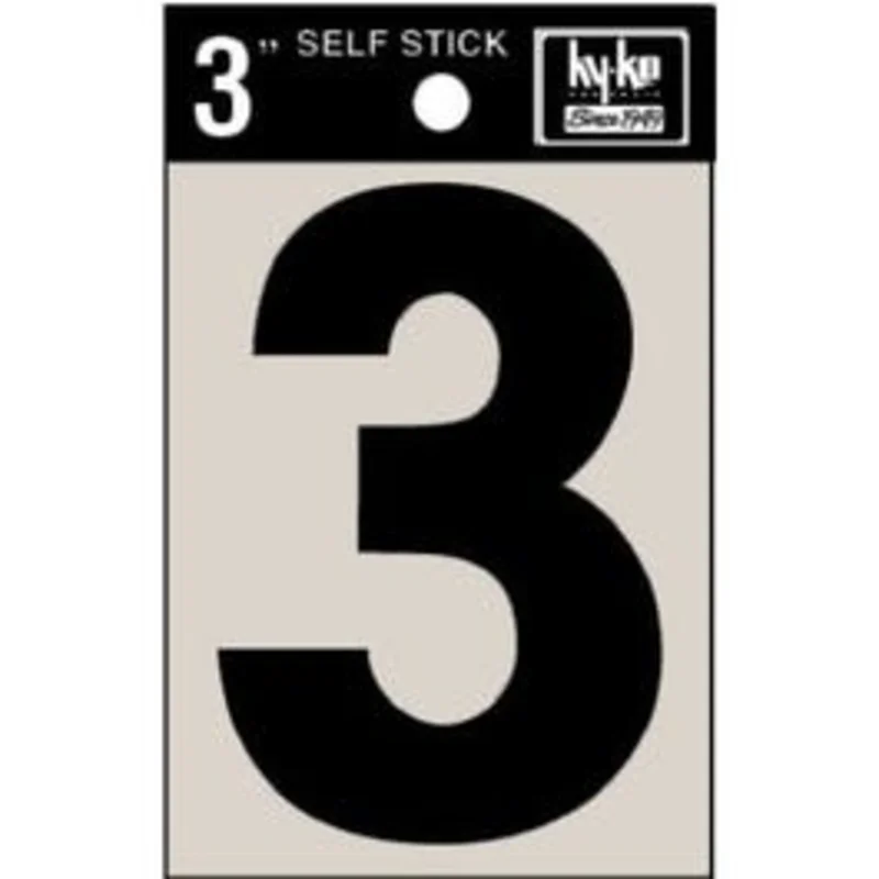 Address Numbers, "3", Black Vinyl, Adhesive, 3-In.