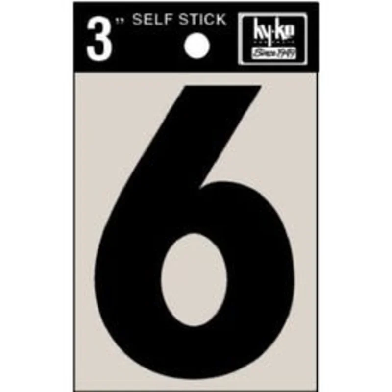 Address Numbers, "6", Black Vinyl, Adhesive, 3-In.