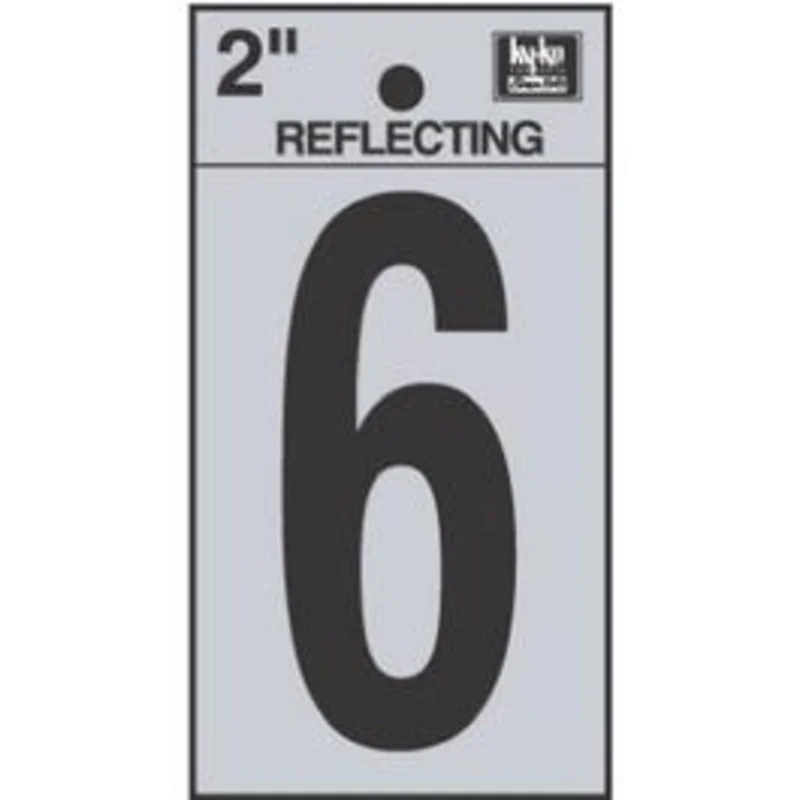 Address Numbers, "6", Reflective Black/Silver Vinyl, Adhesive, 2-In.
