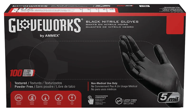 Ammex GlovePlus Black Nitrile Industrial Powder-Free 5 Mil Disposable Gloves (100 Pack)
