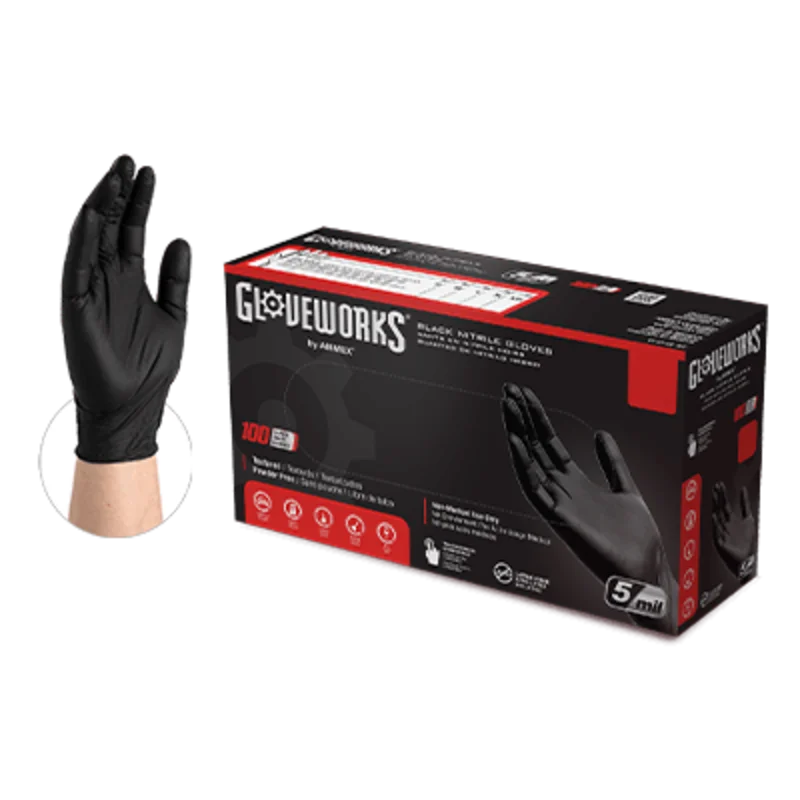 Ammex Gloveworks Black Nitrile PF Ind XXL Gloves Black