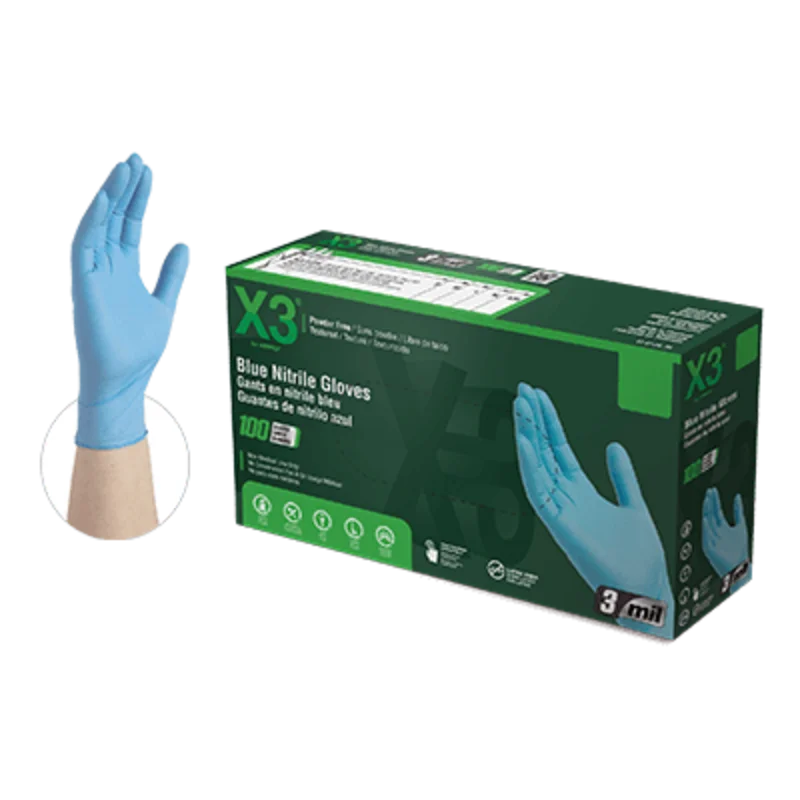 Ammex X3 Blue Nitrile PF Ind Medium Gloves Blue