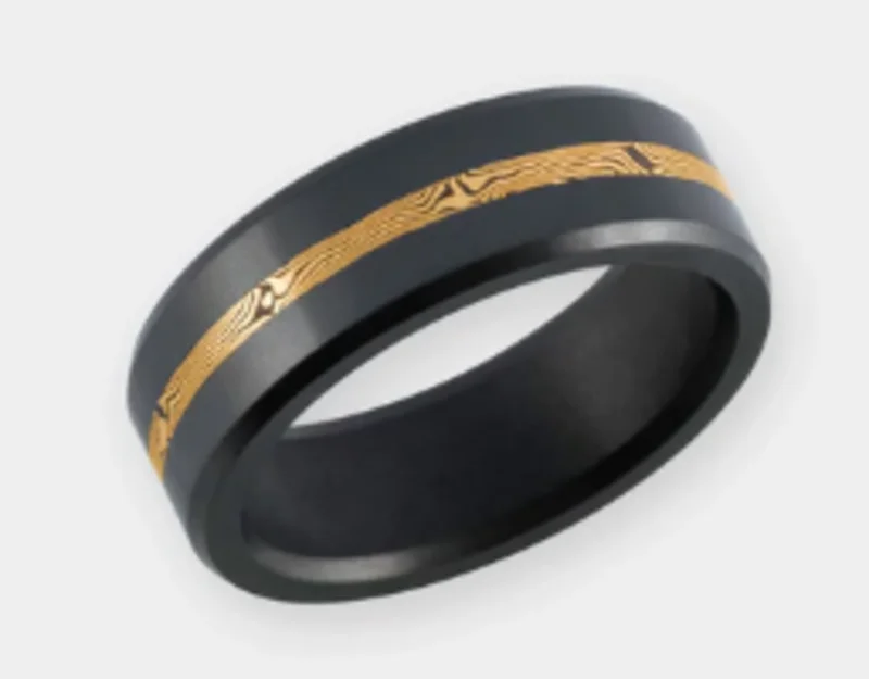 ARES BEVELED POLISHED WHITE GOLD MOKUME INLAY MENS BAND RING SIZE 9.5