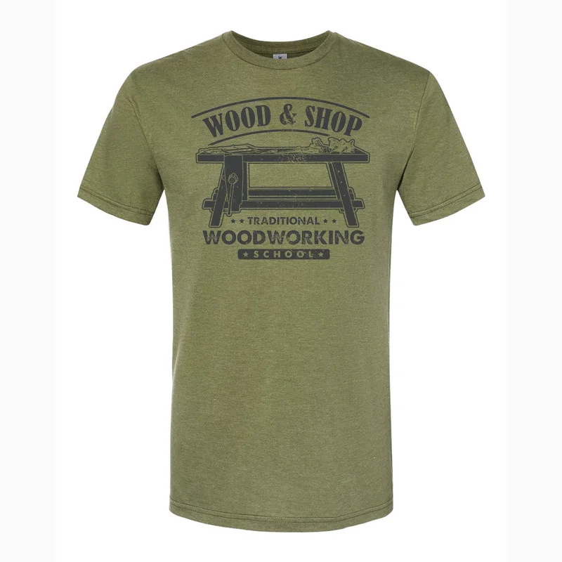 Army Green T-Shirt for the "Wood and Shop Traditional Woodworking School" Army Green