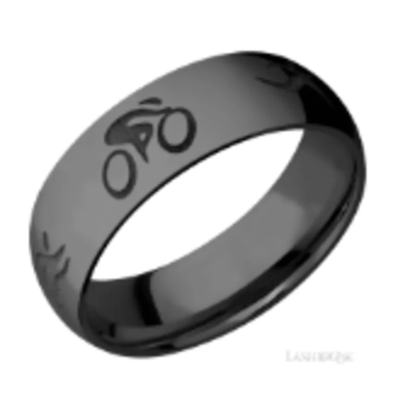 Black zirconium 7mm domed band with a white laser carving of a Triathalon. Satin