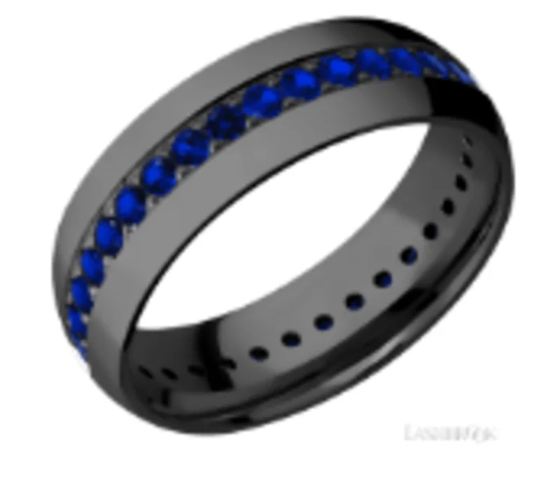 Black zirconium 7mm domed band with eternity set sapphires that go all the way around the band. Eac
