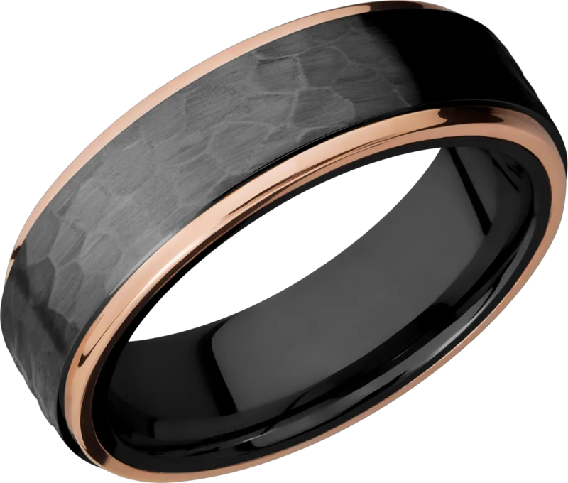 Black zirconium 7mm flat band with grooved edges, each edge has an inlay that is 1mm wide of 14k ro