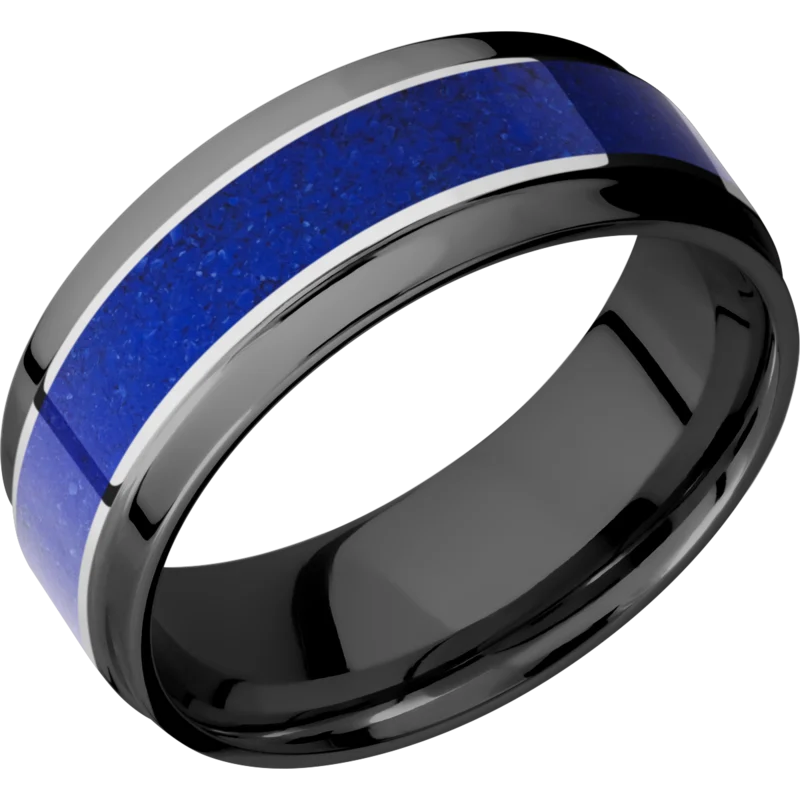 Black zirconium 8m flat band with wide grooved edges, with one inlay that is 4mm wide of the mosaic