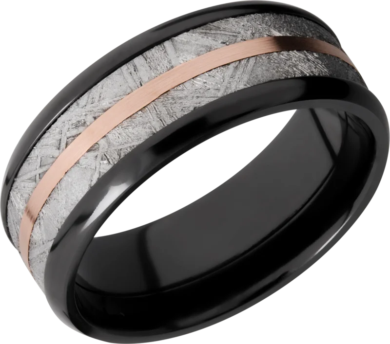 Black zirconium 8mm beveled edge and with one inlay that is 5mm wide of a mosaic pattern. (NS)=No S