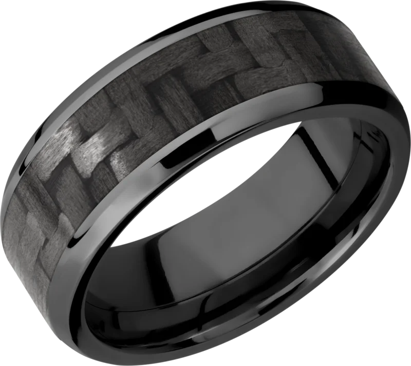 Black zirconium 8mm beveled edge band with one inlay that is 5mm wide of black carbon fiber. POLISH