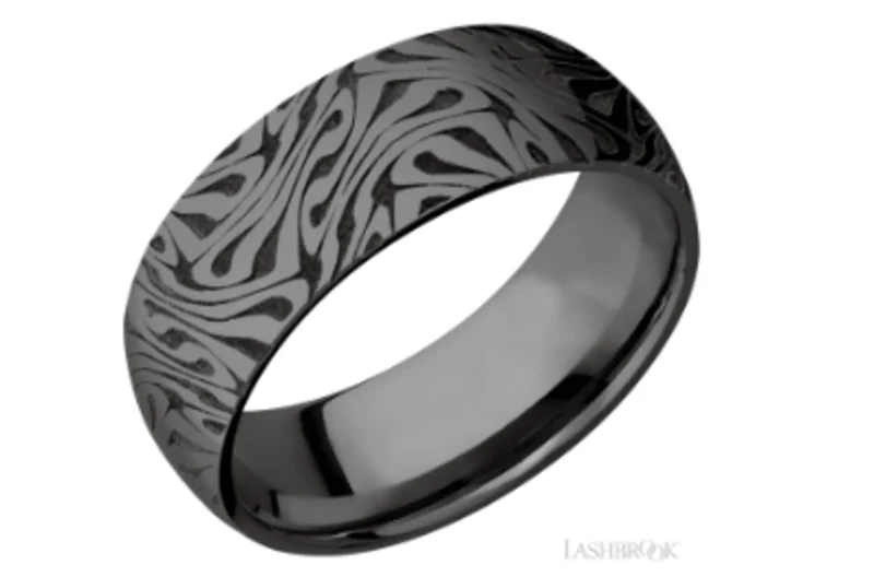 Black zirconium 8mm domed band with a white laser carving of the Escher 1 pattern with a cerakote c