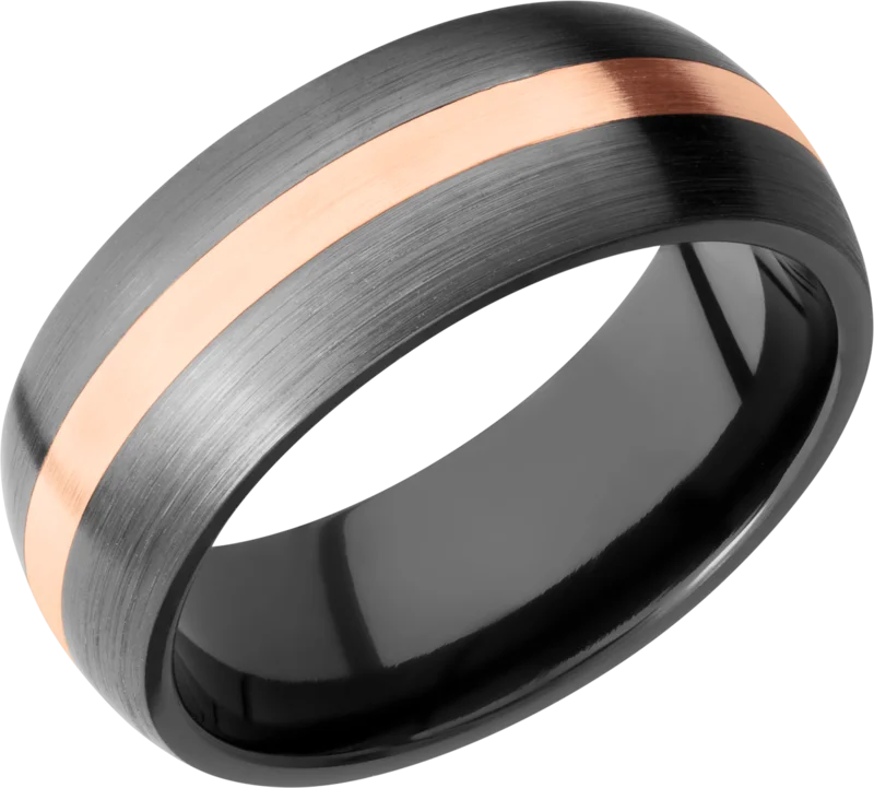 Black zirconium 8mm domed band with one inlay that is 2mm wide of 14k rose gold. SATIN/SATIN