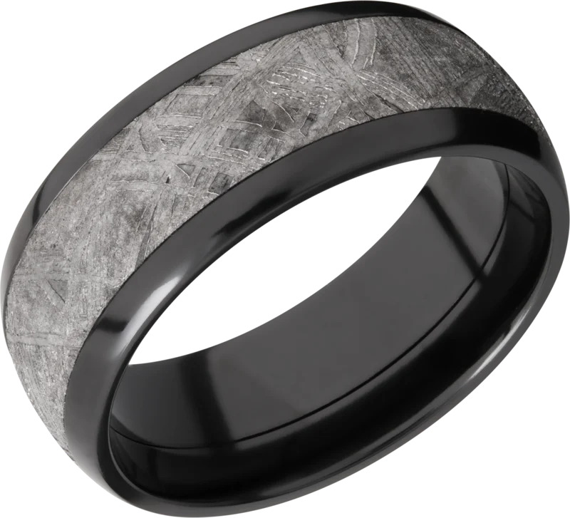 Black zirconium 8mm domed band with one inlay that is 5mm wide of meteorite. POLISH