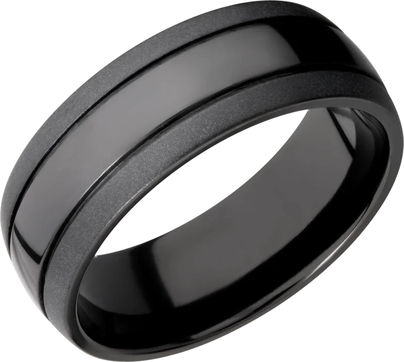 Black zirconium 8mm domed band with two grooves that are each 0.5mm wide spaced out over the top. P