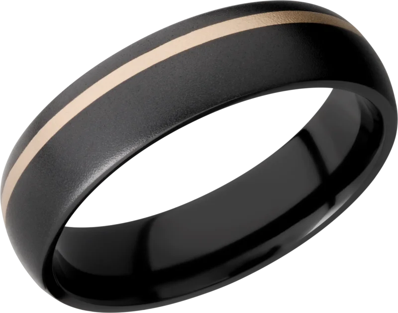 Black Zirocnium 6mm domed band with one inlay that is one mm wide, of 14k yellow gold. BEAD/BEAD