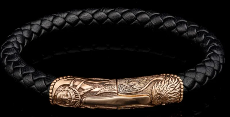 BRONZE BLK BRAIDED LEATHER MAGNETIC CENTERPIECE BRACELET