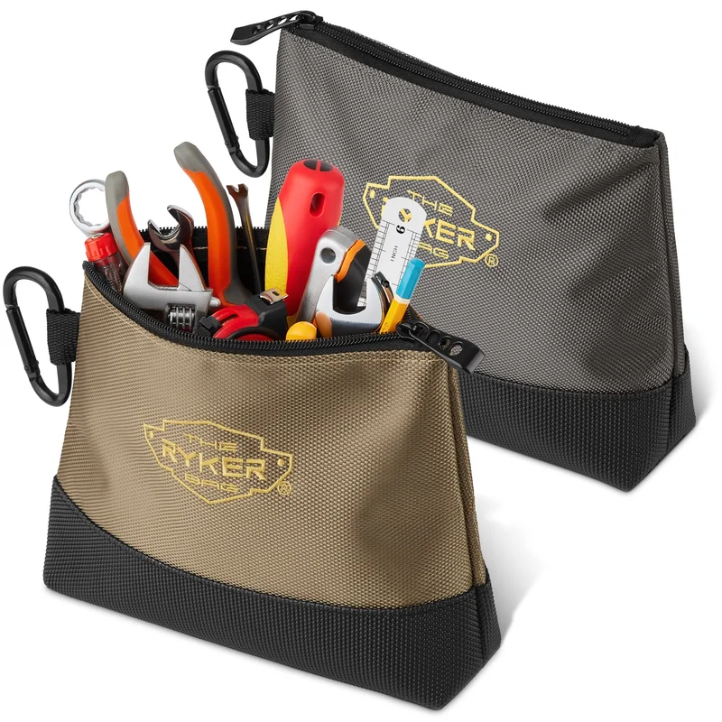 Canvas Zipper Small Tool Pouch organizer w/hard bottom and carabiner (2-pack)