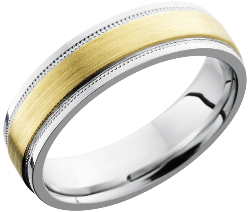Cobalt chrome 6mm flat w grooved edges,wide set milgrain 14kyg inlay that is 3mm POLISH/SATIN mens