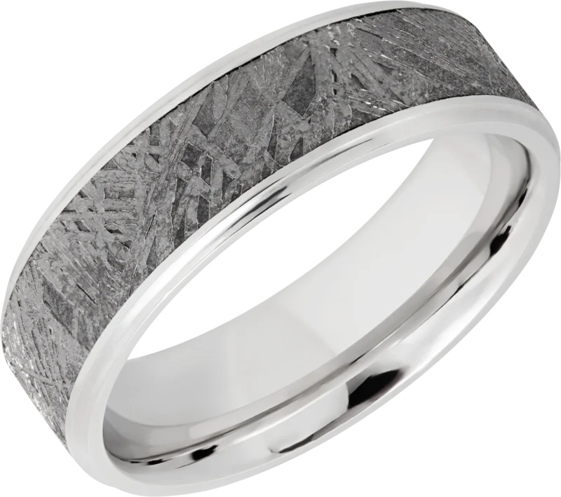 Cobalt chrome 7mm beveled edge band with one inlay that is 5mm wide of meteorite. (NS)= No step POL