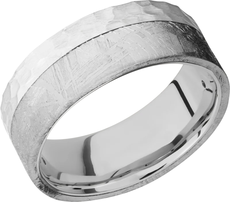 Cobalt chrome 7mm flat band with grooved edges with one inlay that is 5mm wide set in the center of