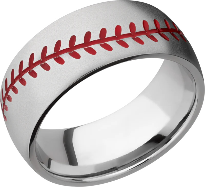 Cobalt Chrome 8mm domed band with a Baseball Pattern carved into the band with a red cerakote added