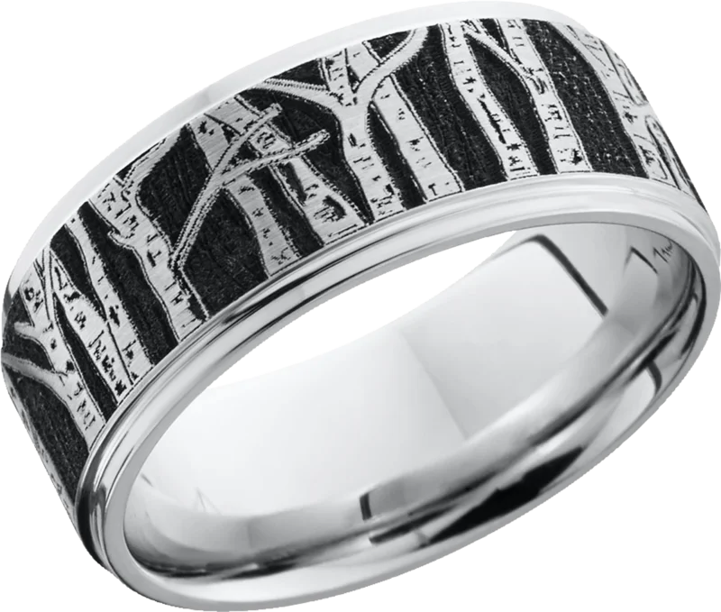 Cobalt chrome 9mm flat band with grooved edges with a laser carved pattern of the Las Vegas Skyline