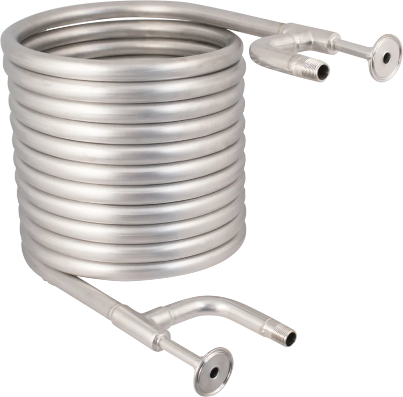 Convoluted counterflow chiller (1.5" Tri-clamp fittings, 1/2" BSP/NPT water hose connections)