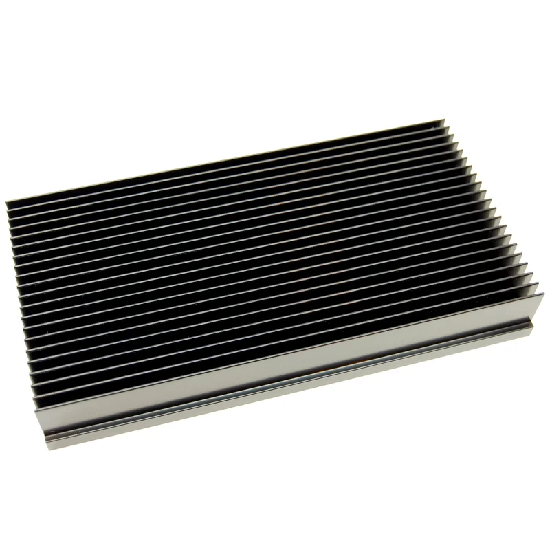 Custom black anodized heat sink, 10" x 5.375" x 1.375"
