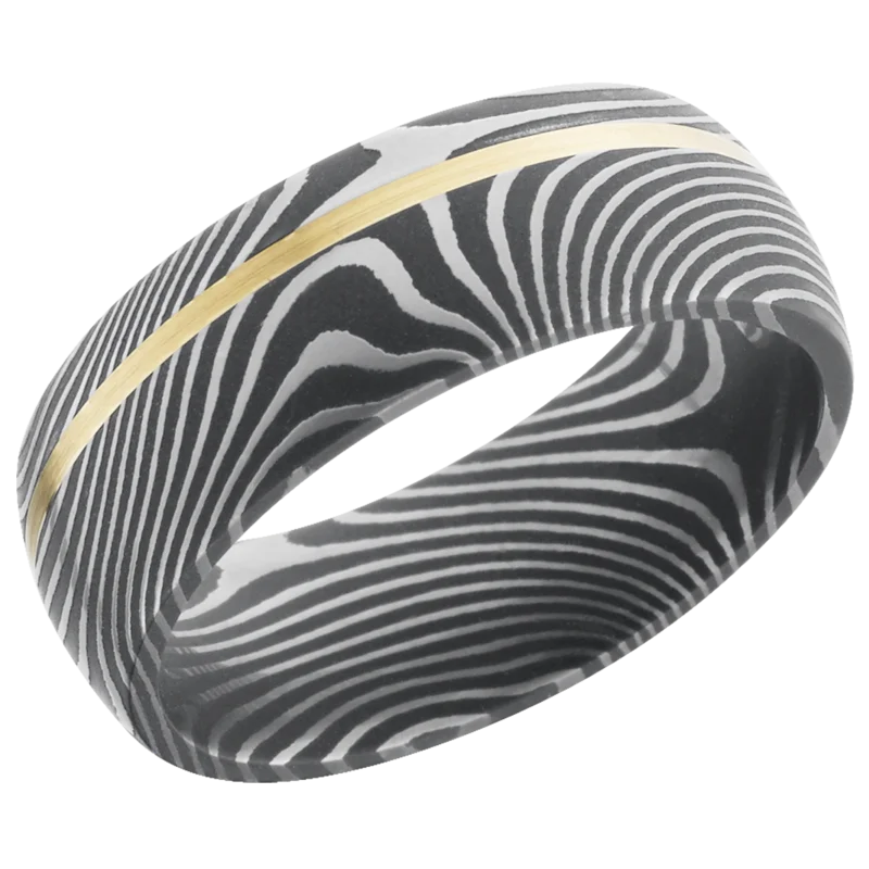 Damascus Flat Twist steel 8mm domed band with one inlay that 1mm wide set off center of 14k yellow