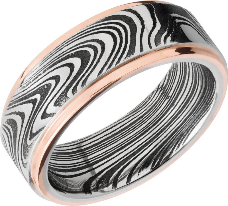 Damascus steel 7mm flat band with grooved edges, each edge has 1mm inlay of 14k rose gold. Acid/Po