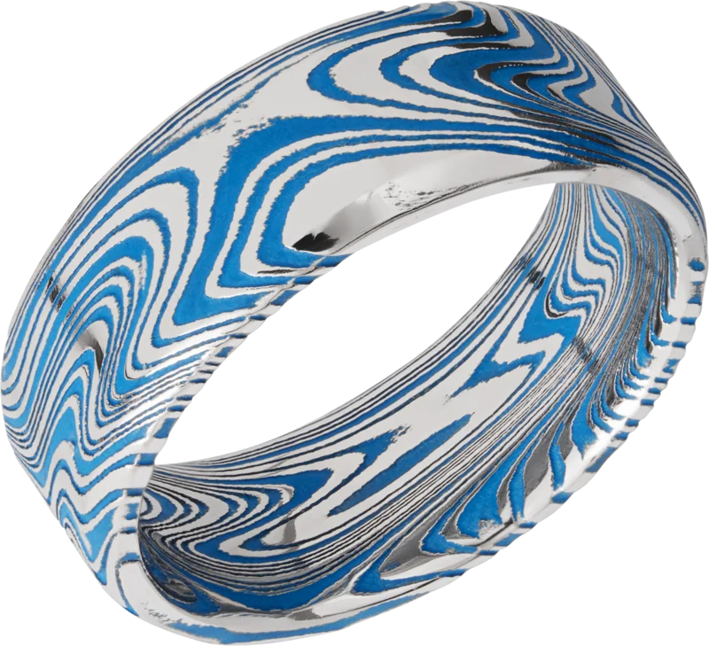 DAMASCUS STEEL 8MM BEVELED EDGE BAND ROCK ACID SIZE 10
