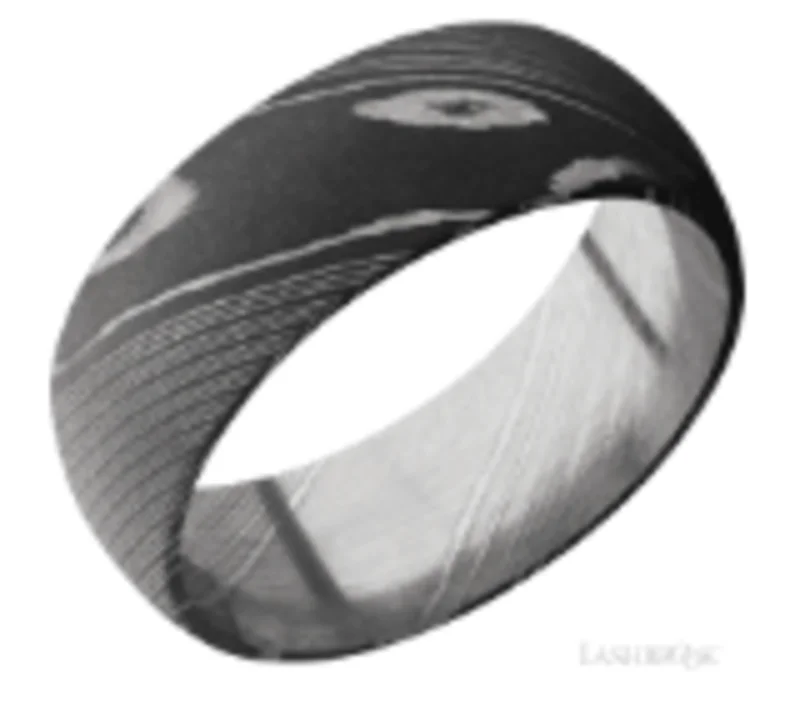 Damascus steel 8mm domed band with one inlay that is 4mm wide of a mosaic material. ACID/ REDDINO