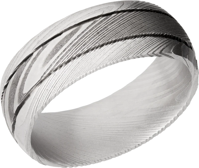 Damascus Steel 8mm domed band with two grooves that are each 0.5mm wide, spaced across the top of t