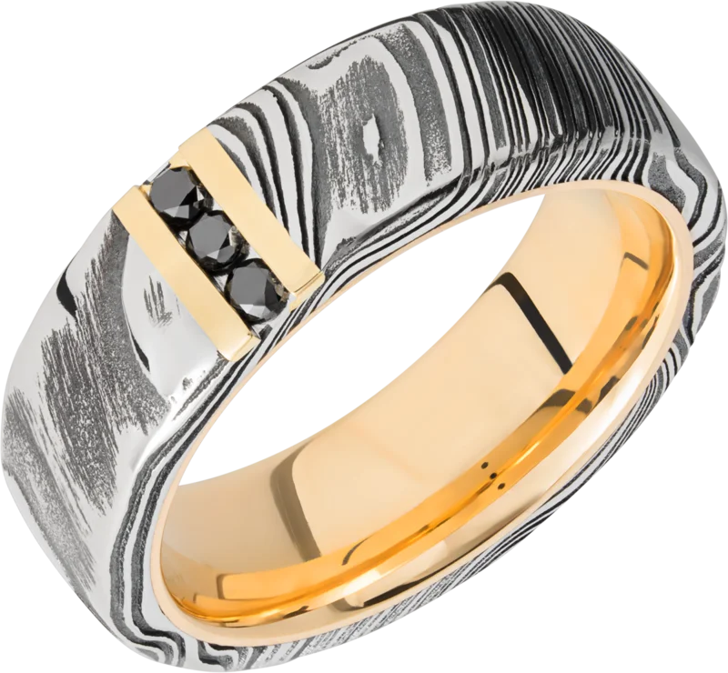 Damascus steel woodgrain band that is 8mm wide flat band with a 14 karat yellow gold inside sleeve