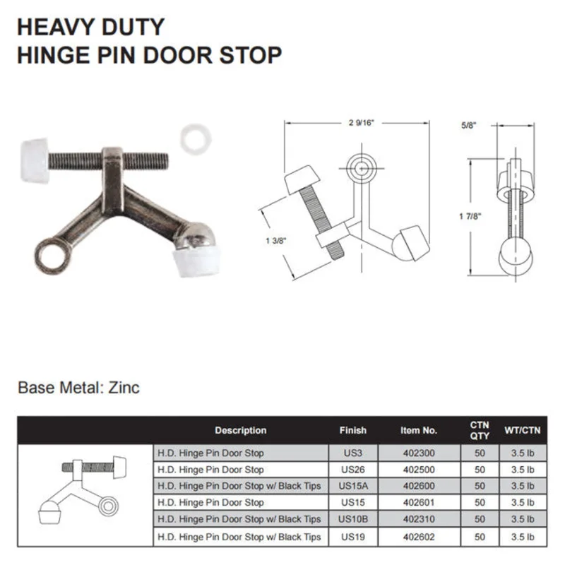 Delaney Hardware Heavy Duty Hinge Pin Door Stop Satin Nickel (US15)