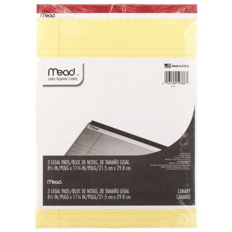 Mead Mead Legal Pad, 8 1/2" x 11", Canary Yellow