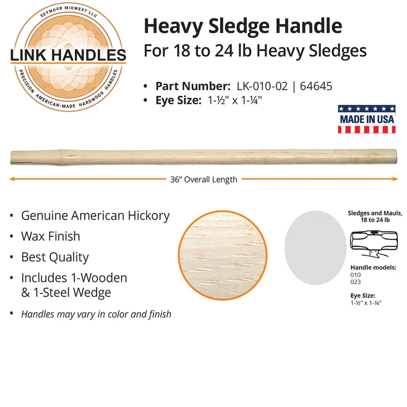 MidwestRake 36" Heavy Sledge Handle, For 18 To 24 Lb Sledges, 1-1/2" X 1-1/4" Eye
