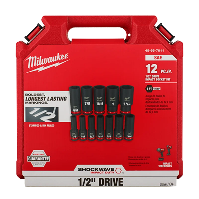 Milwaukee 12PCSHOCKWAVE Impact Duty 1/2" Drive SAE Deep 6 Point Socket Set