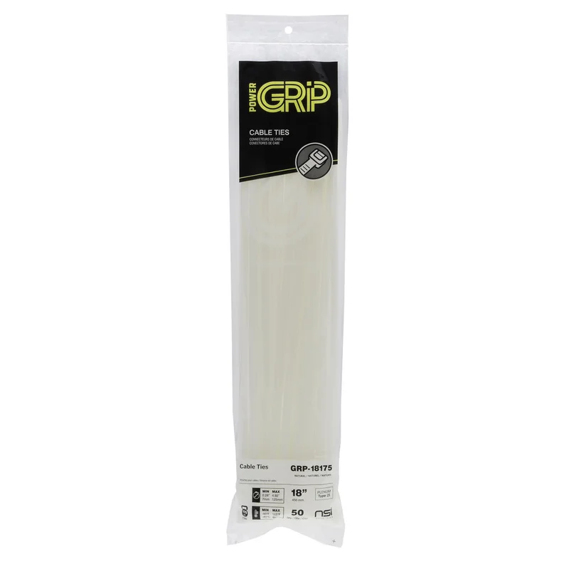 NSI PowerGRP 18, Natural Super Heavy-Duty 175lb Cable Ties, 50 Pack Natural