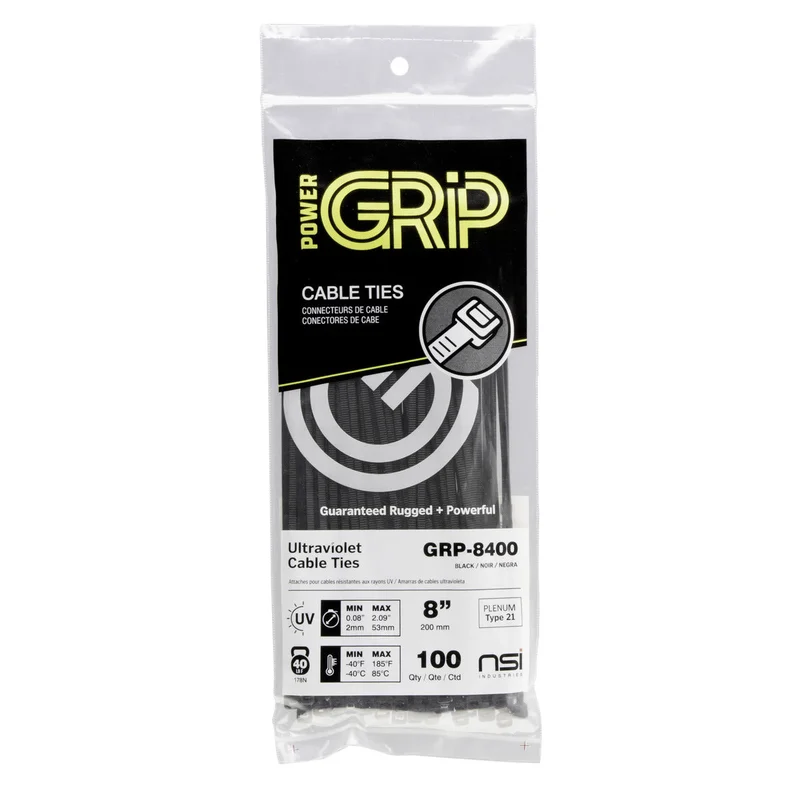NSI PowerGRP 8, Black General Purpose 40lb Cable Ties, 100 Pack Black