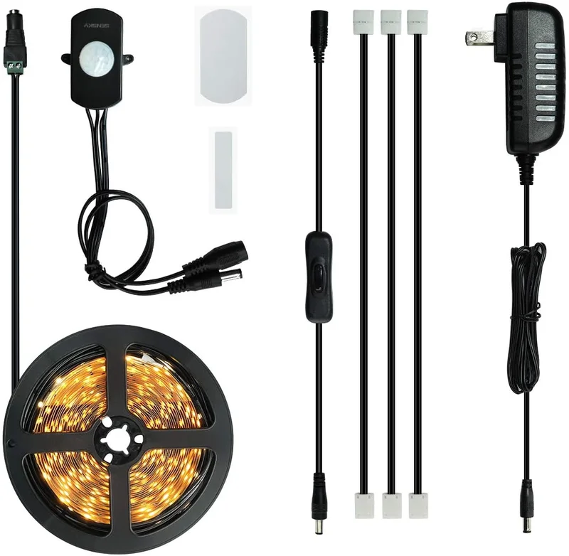 Rayzeek Dimmable PIR Motion Sensor LED Strip Lighting with US Adapter, 2.5M/6M Warm White