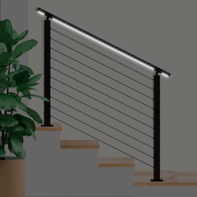 Senmit 36" 5ft-25ft Black Surface Mount All-in-One Complete Stair Cable Railing System DIY Kit With Aluminum LED Handrail