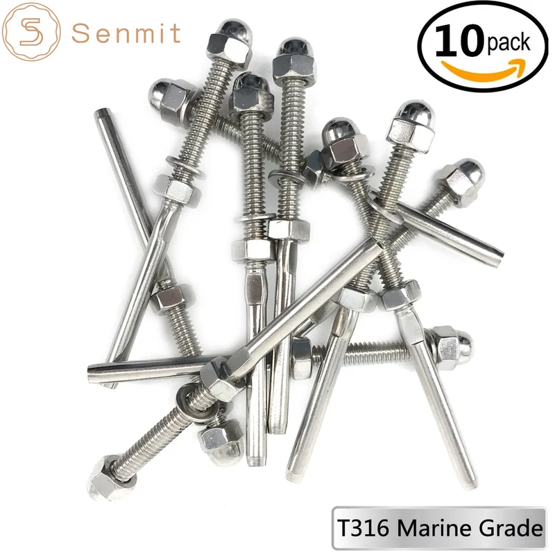 Senmit Threaded Terminal Stud End,for 1/8" Cable Deck Railing Hand Swage Stainless Steel T316 Marine Grade 10 Pack