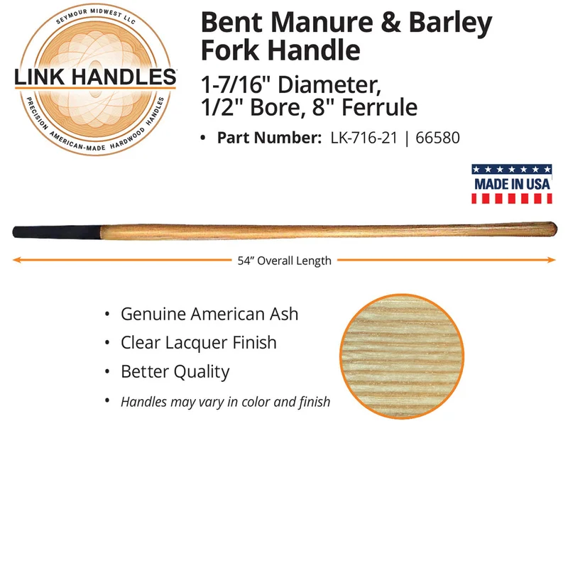 Seymour Link Handle 54" bent manure and barley fork Handle, 1-7/16" diameter, 1/2" bore