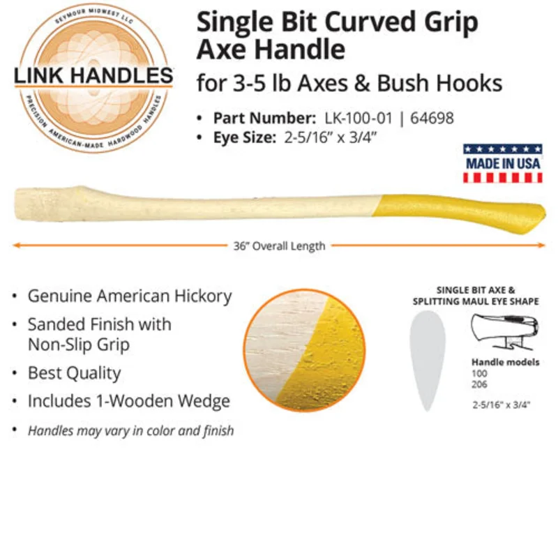 Seymour Midwest 36" Single Bit Curved Grip Axe Handle, For 3 to 5 Pound Axes & Bush Hooks